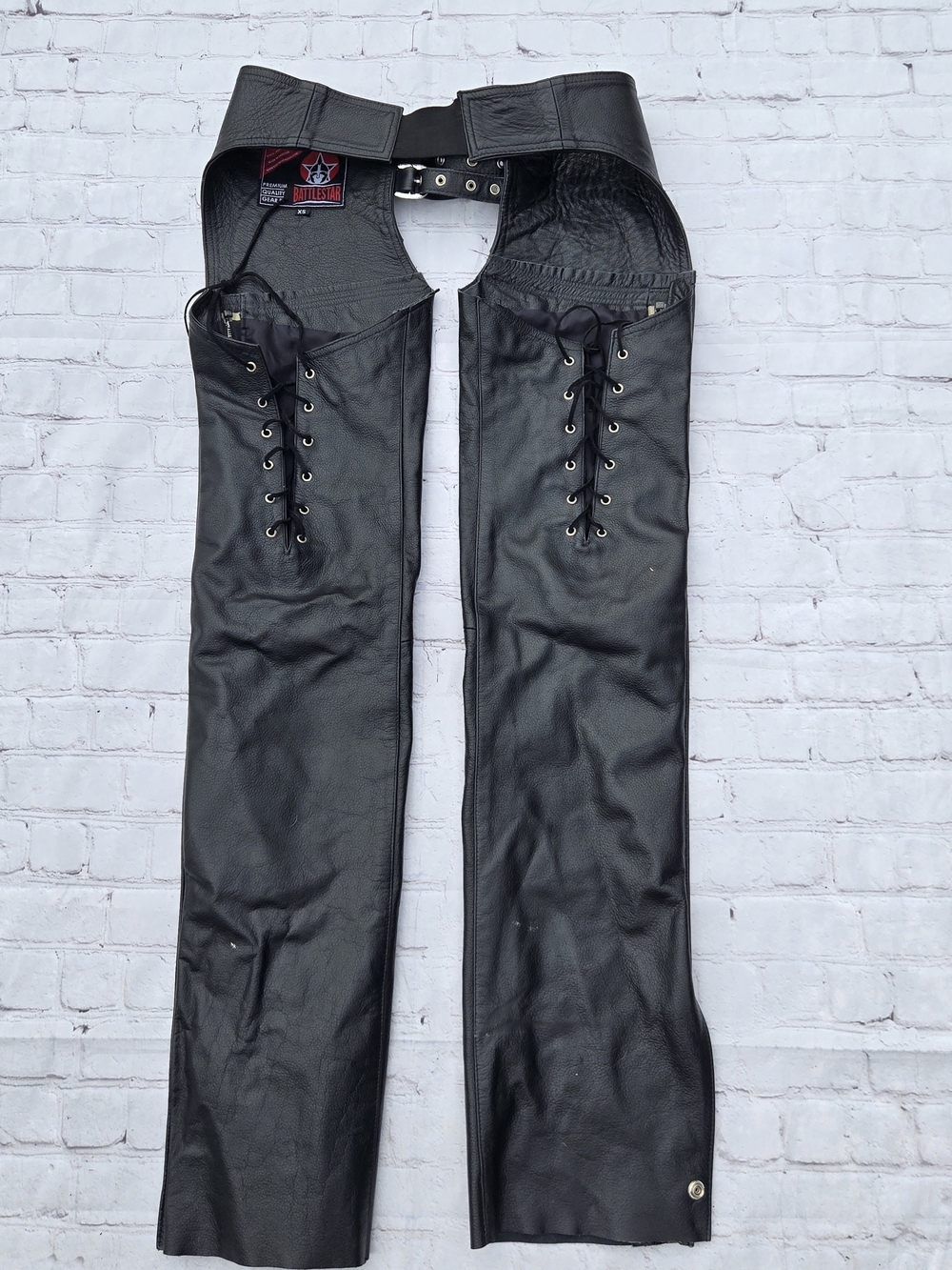 BattleStar Xs Black Leather Motorcycle Chaps Snap Zip  Corset Lace Thigh